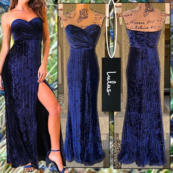 Lulus Navy Blue Velvet Pleated Strapless Classy Sensation Maxi Dress Size XL - Picture 1 of 12